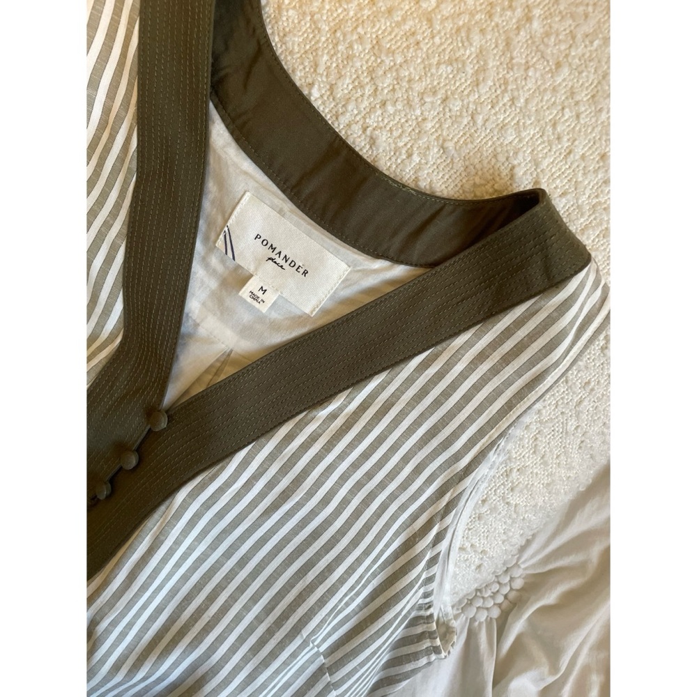 Pomander Striped V-Neck Sleeveless Dress with Olive Trim size medium
